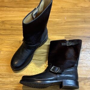 Frye Black Leather Moto Boots with Buckles and authentic calf hair size 8